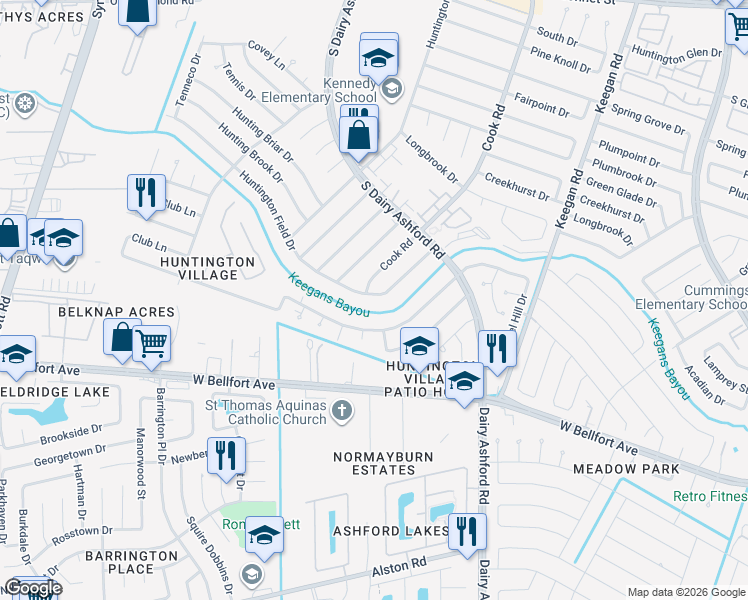 map of restaurants, bars, coffee shops, grocery stores, and more near 10567 Huntington Way Drive in Houston