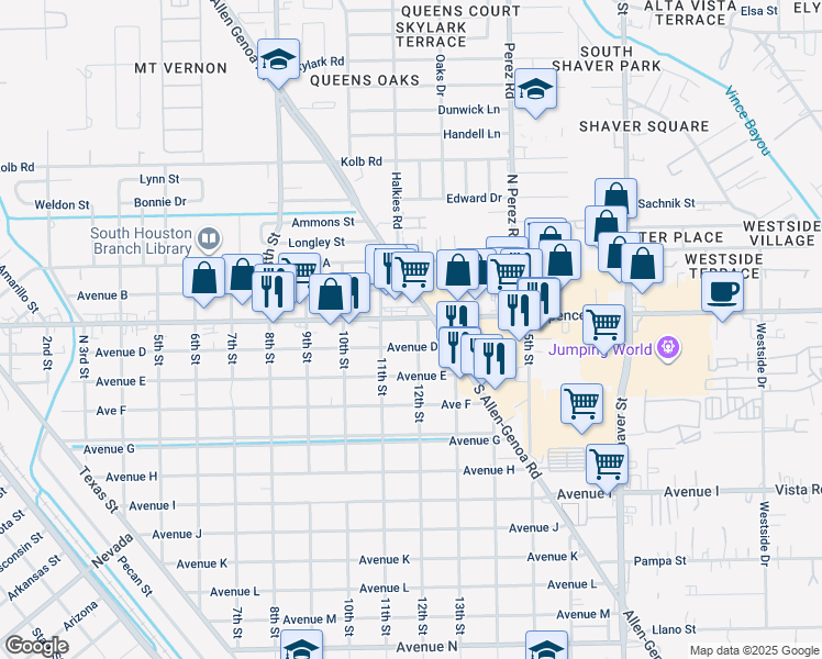 map of restaurants, bars, coffee shops, grocery stores, and more near 1105 Avenue D in South Houston