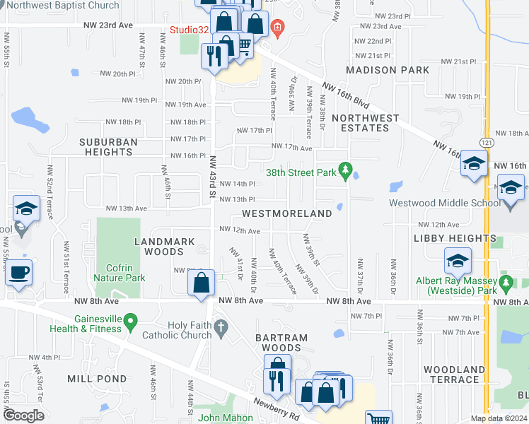 map of restaurants, bars, coffee shops, grocery stores, and more near 4028 Northwest 13th Avenue in Gainesville