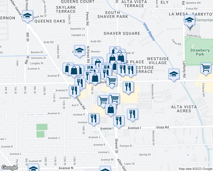 map of restaurants, bars, coffee shops, grocery stores, and more near 1626 Spencer Highway in South Houston