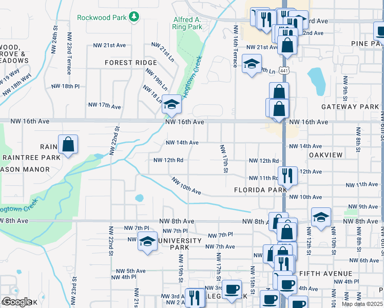 map of restaurants, bars, coffee shops, grocery stores, and more near 1800 Northwest 12th Road in Gainesville