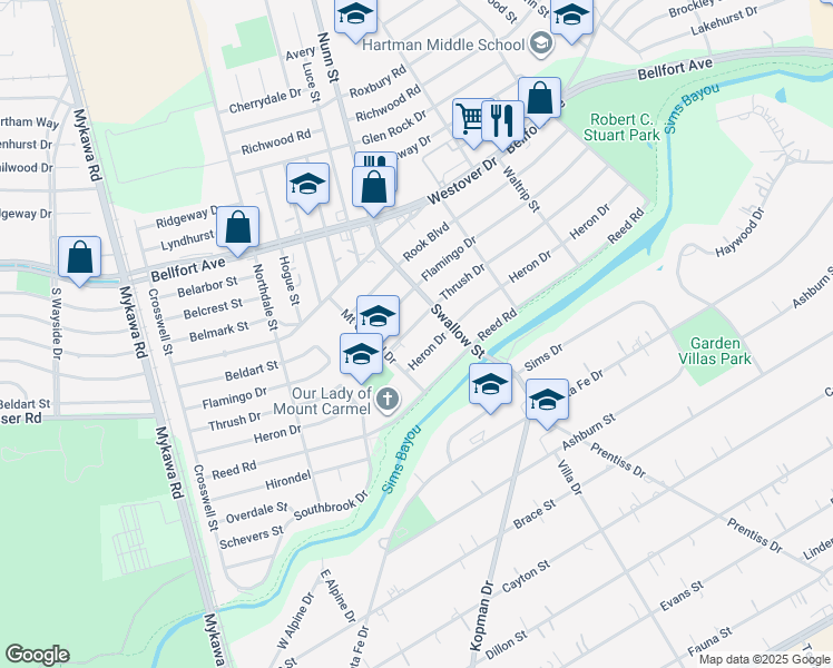 map of restaurants, bars, coffee shops, grocery stores, and more near 6811 Heron Drive in Houston