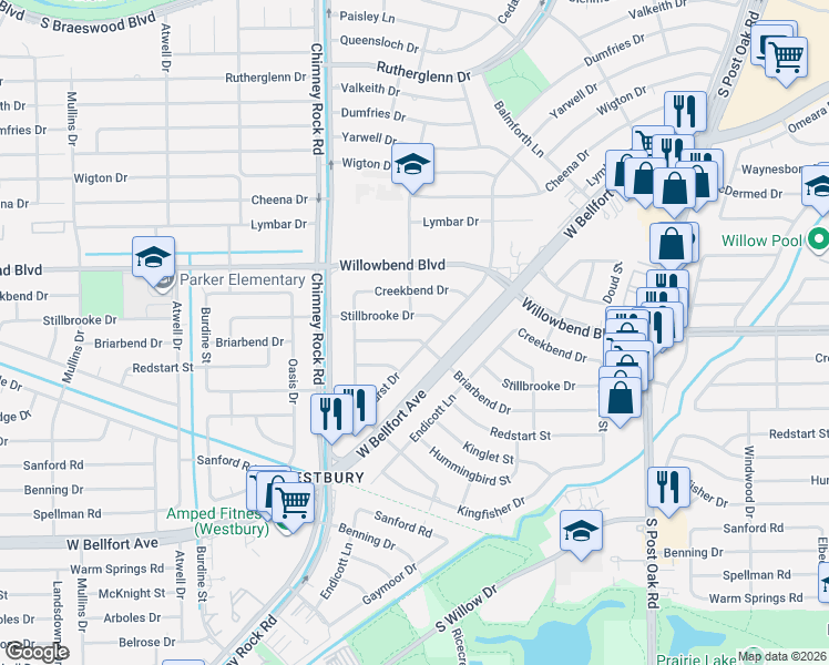 map of restaurants, bars, coffee shops, grocery stores, and more near 5303 Briarbend Drive in Houston
