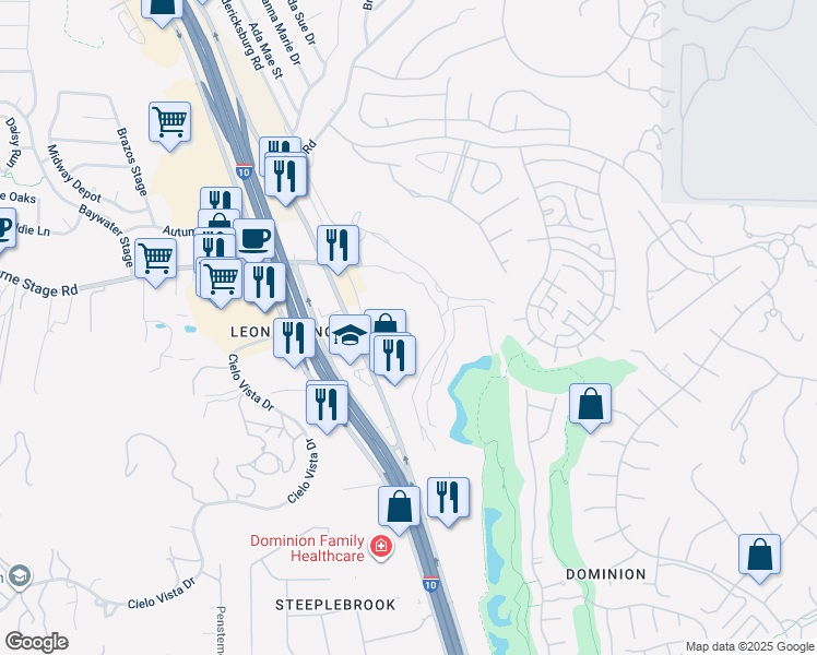 map of restaurants, bars, coffee shops, grocery stores, and more near 23910 Frontage Road in San Antonio