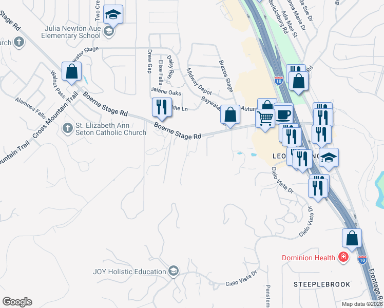 map of restaurants, bars, coffee shops, grocery stores, and more near 17806 Interstate 10 in San Antonio