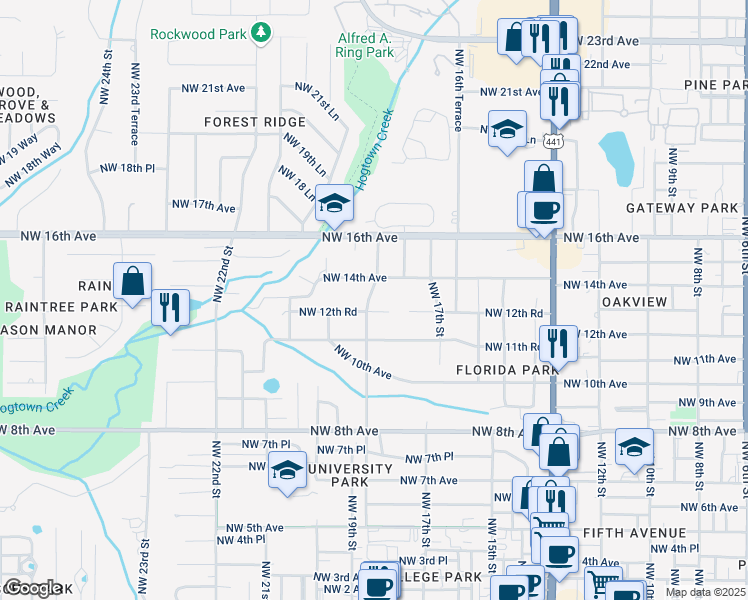 map of restaurants, bars, coffee shops, grocery stores, and more near 1800 Northwest 12th Road in Gainesville