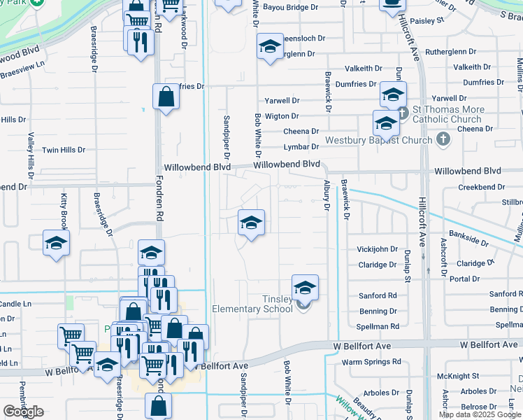 map of restaurants, bars, coffee shops, grocery stores, and more near 6421 Creekbend Drive in Houston