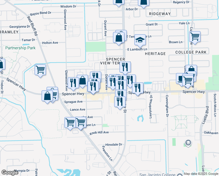 map of restaurants, bars, coffee shops, grocery stores, and more near Durant Avenue in Pasadena