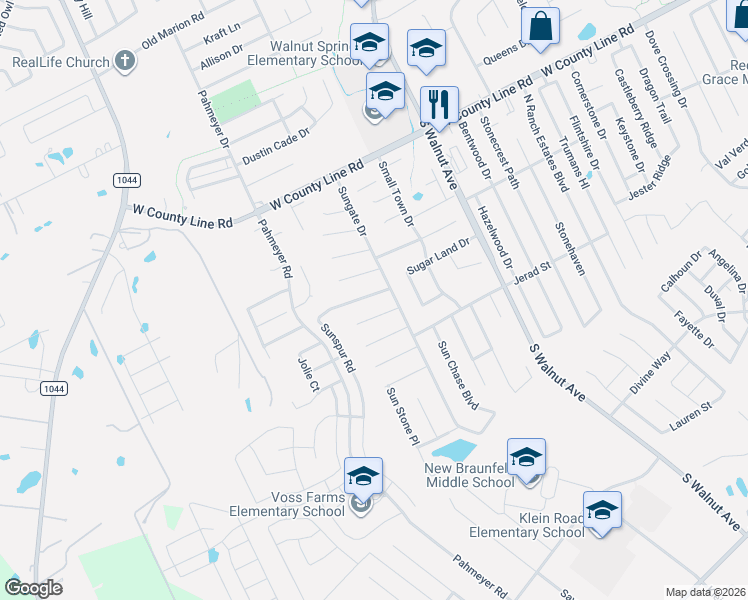 map of restaurants, bars, coffee shops, grocery stores, and more near 1614 Sunblossom Circle in New Braunfels