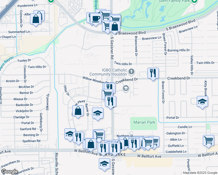 map of restaurants, bars, coffee shops, grocery stores, and more near 10724 South Gessner Road in Houston