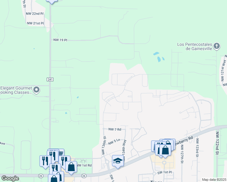 map of restaurants, bars, coffee shops, grocery stores, and more near 13632 Northwest 12th Place in Gainesville