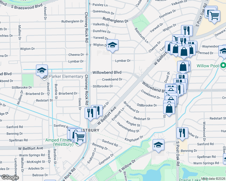 map of restaurants, bars, coffee shops, grocery stores, and more near 5303 Briarbend Drive in Houston
