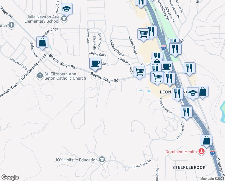 map of restaurants, bars, coffee shops, grocery stores, and more near 17806 Interstate 10 in San Antonio