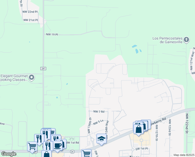 map of restaurants, bars, coffee shops, grocery stores, and more near 13632 Northwest 12th Place in Gainesville