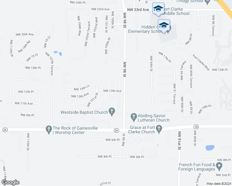 map of restaurants, bars, coffee shops, grocery stores, and more near 9919 Northwest 13th Avenue in Gainesville