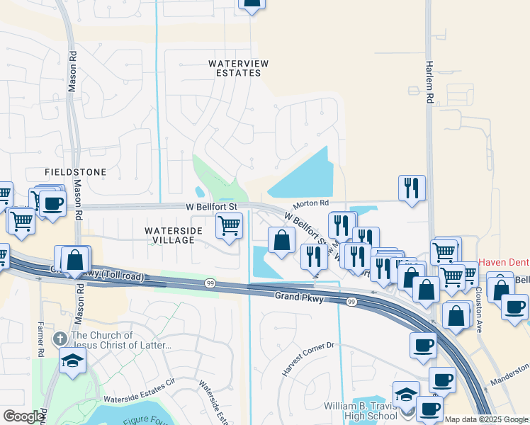 map of restaurants, bars, coffee shops, grocery stores, and more near 19525 West Bellfort Street in Richmond