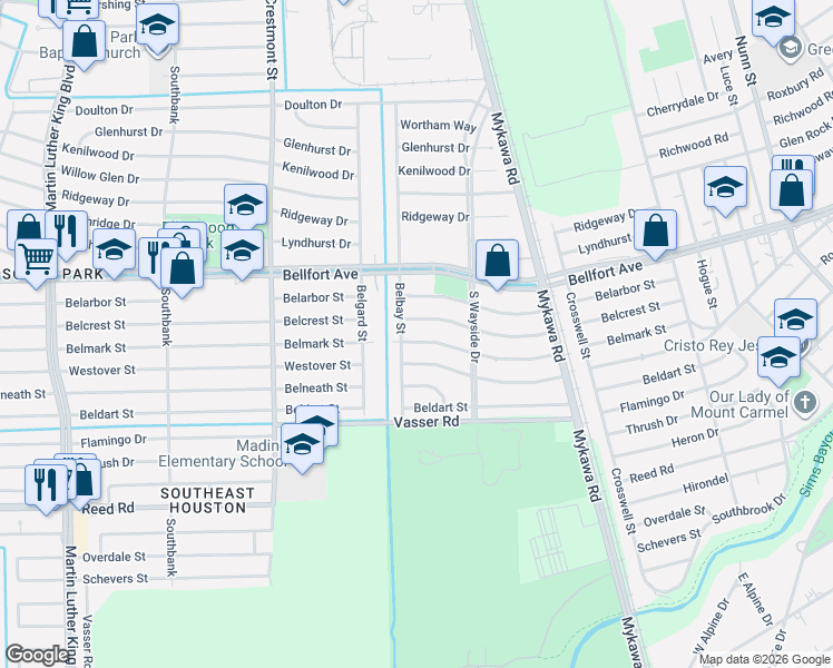 map of restaurants, bars, coffee shops, grocery stores, and more near 6002 Belmark Street in Houston