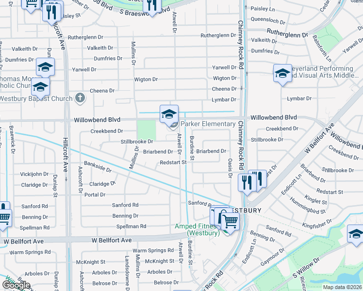 map of restaurants, bars, coffee shops, grocery stores, and more near 5502 Briarbend Drive in Houston