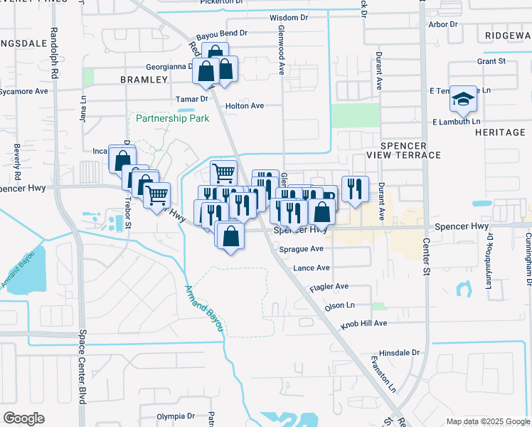 map of restaurants, bars, coffee shops, grocery stores, and more near 5425 Red Bluff Road in Pasadena