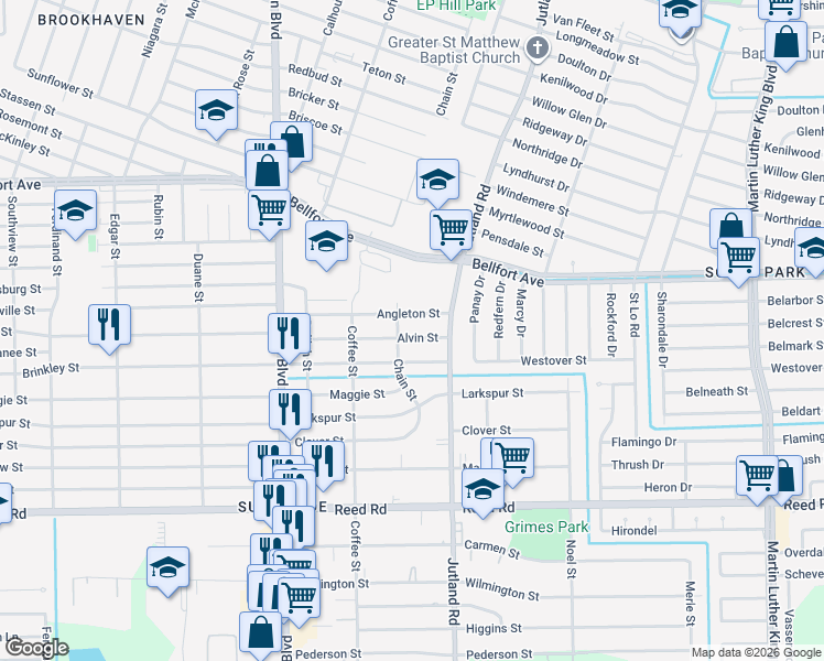 map of restaurants, bars, coffee shops, grocery stores, and more near 4909 Alvin Street in Houston