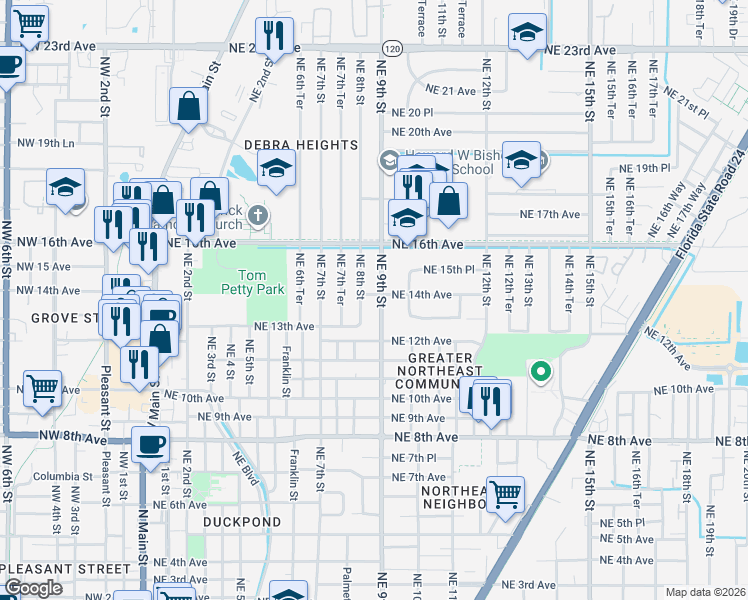 map of restaurants, bars, coffee shops, grocery stores, and more near 1309 Northeast 8th Street in Gainesville