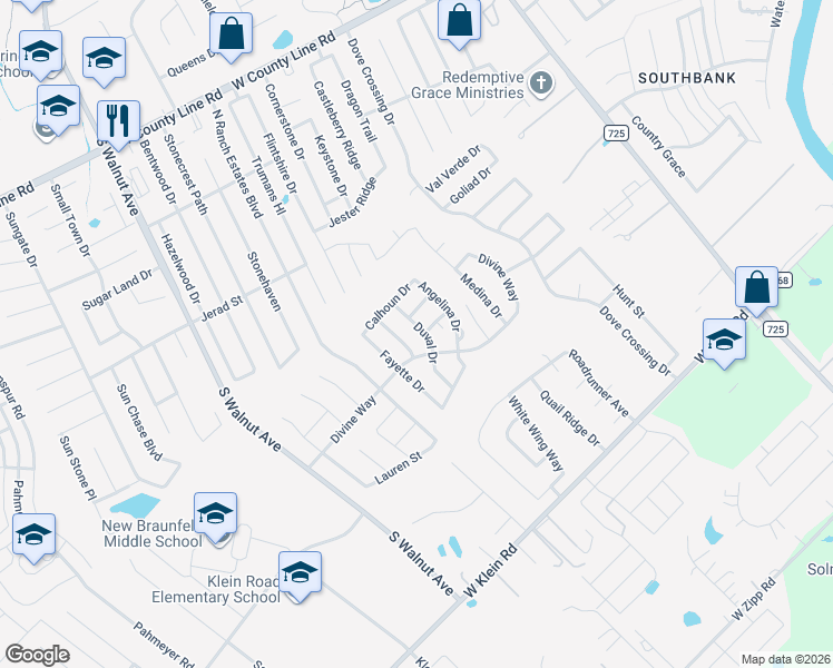 map of restaurants, bars, coffee shops, grocery stores, and more near 2447 Dimmitt Drive in New Braunfels