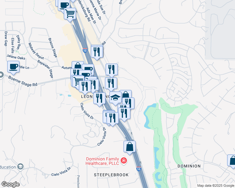 map of restaurants, bars, coffee shops, grocery stores, and more near 23966 Interstate 10 in San Antonio