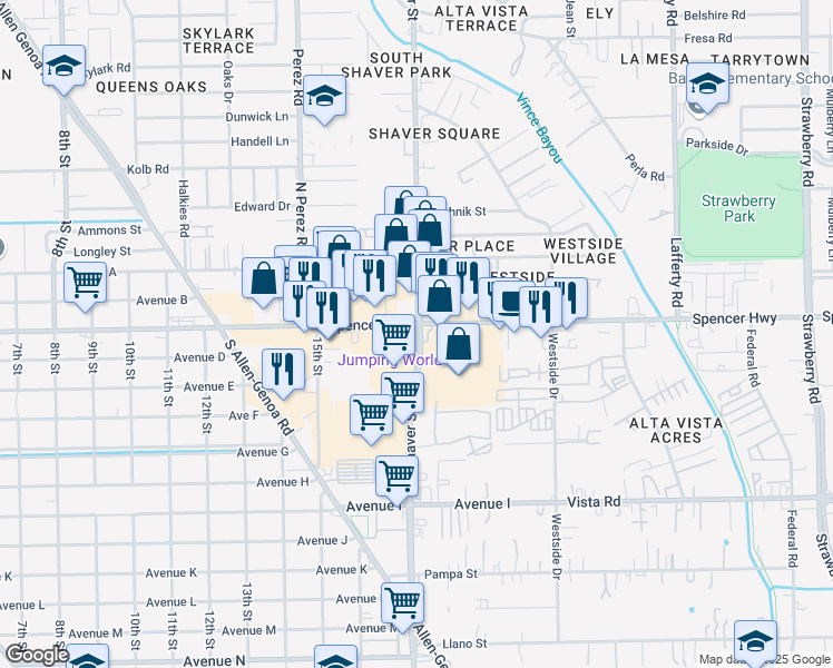 map of restaurants, bars, coffee shops, grocery stores, and more near 1630 Spencer Highway in Houston