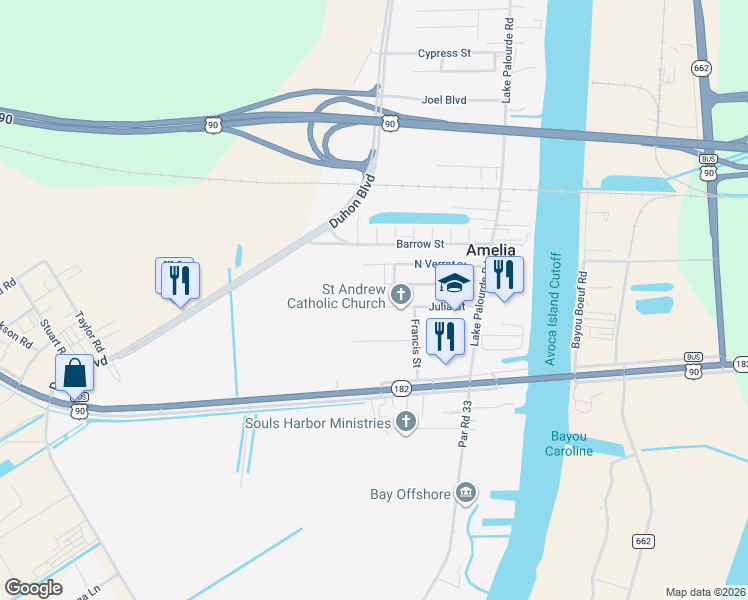 map of restaurants, bars, coffee shops, grocery stores, and more near 801-857 Julia Street in Morgan City