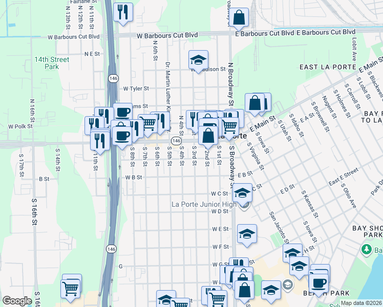 map of restaurants, bars, coffee shops, grocery stores, and more near 201 South 3rd Street in La Porte