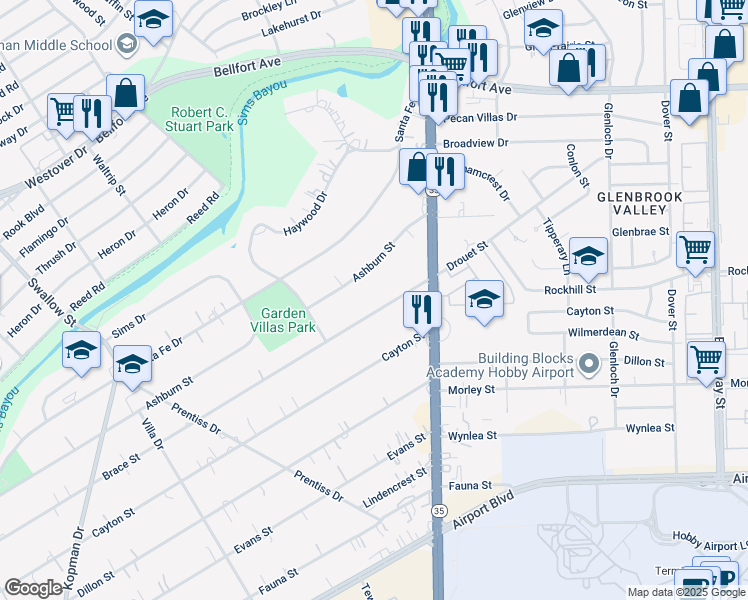 map of restaurants, bars, coffee shops, grocery stores, and more near 7427 Brace Street in Houston