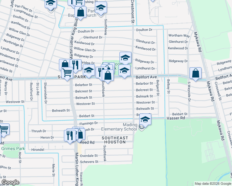 map of restaurants, bars, coffee shops, grocery stores, and more near 5835 Belmark Street in Houston