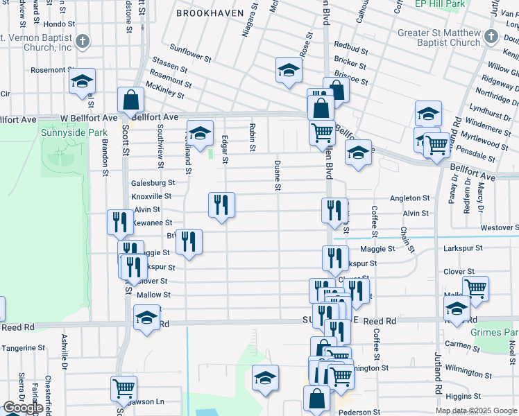 map of restaurants, bars, coffee shops, grocery stores, and more near 4511 Alvin Street in Houston