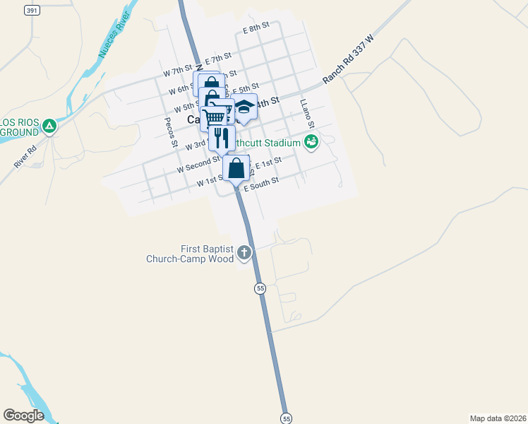 map of restaurants, bars, coffee shops, grocery stores, and more near 423 Frio Street in Camp Wood