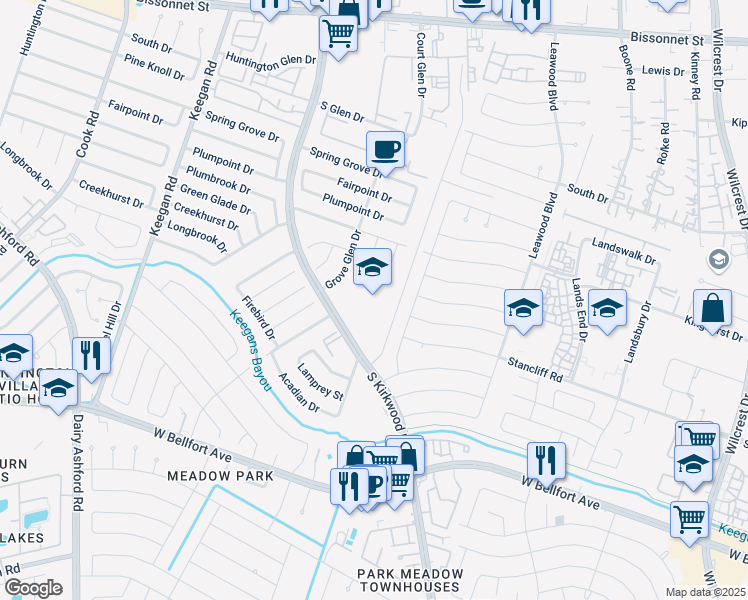 map of restaurants, bars, coffee shops, grocery stores, and more near 10455 South Kirkwood Road in Houston