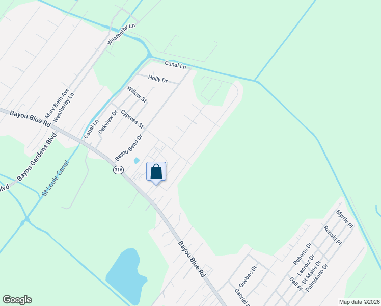 map of restaurants, bars, coffee shops, grocery stores, and more near 102 Madio Drive in Houma