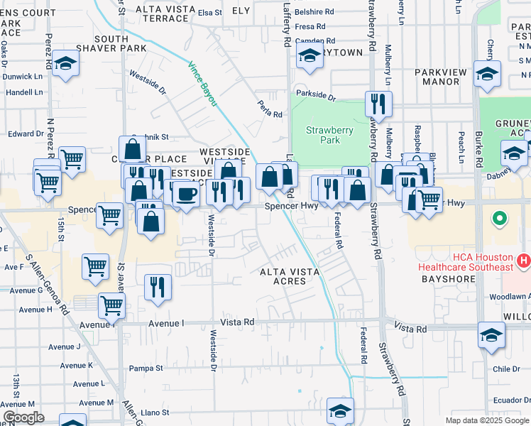 map of restaurants, bars, coffee shops, grocery stores, and more near 2900 Spencer Highway in Pasadena