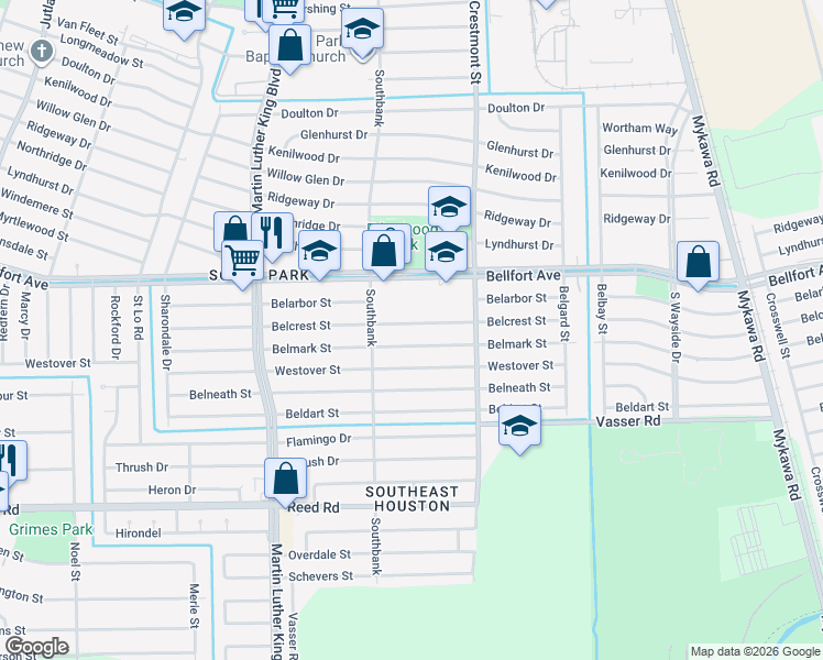map of restaurants, bars, coffee shops, grocery stores, and more near 5835 Belmark Street in Houston
