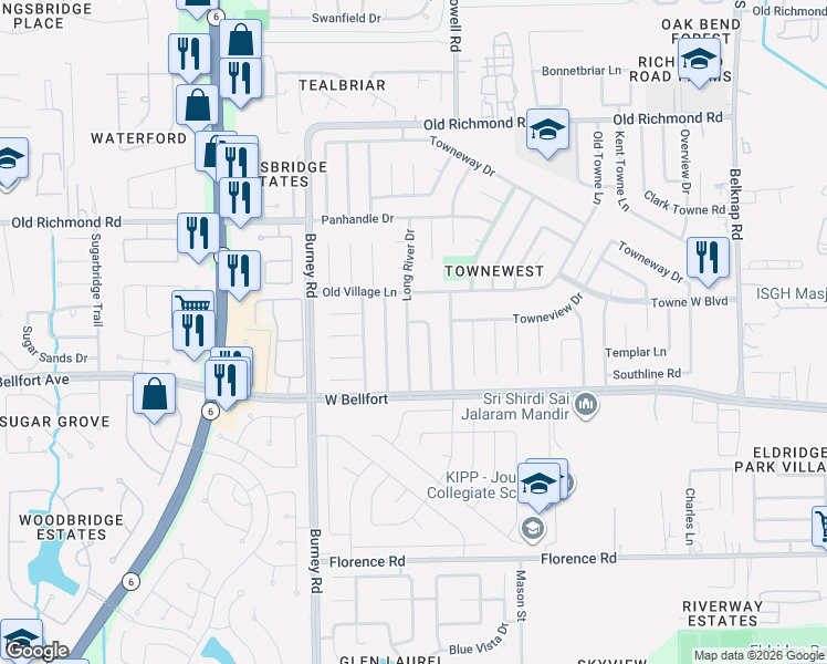 map of restaurants, bars, coffee shops, grocery stores, and more near 10506 Westedge Drive in Sugar Land
