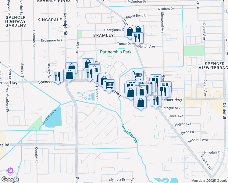 map of restaurants, bars, coffee shops, grocery stores, and more near 6556 Spencer Highway in Pasadena