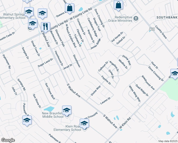 map of restaurants, bars, coffee shops, grocery stores, and more near 2309 North Ranch Estates Boulevard in New Braunfels