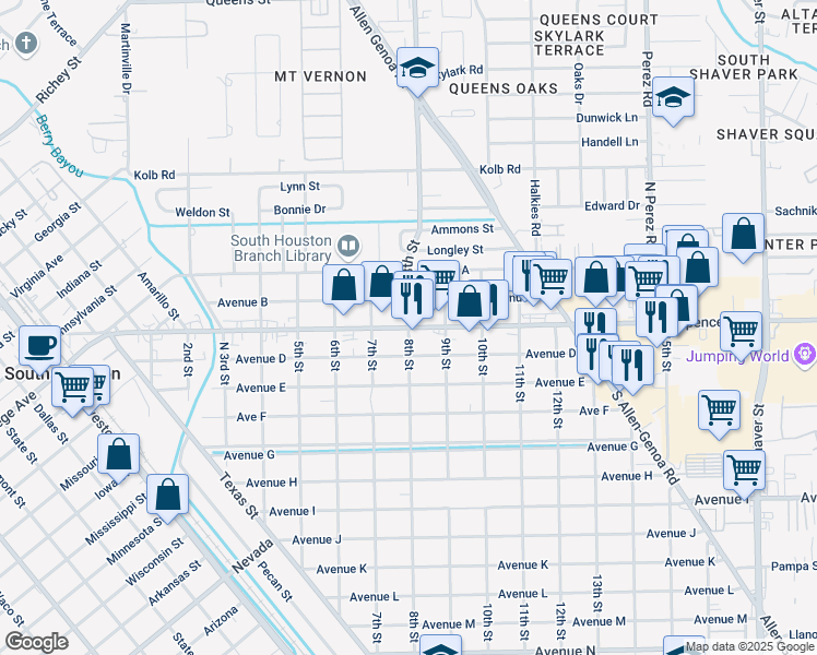 map of restaurants, bars, coffee shops, grocery stores, and more near Spencer Hwy & 8th St in South Houston