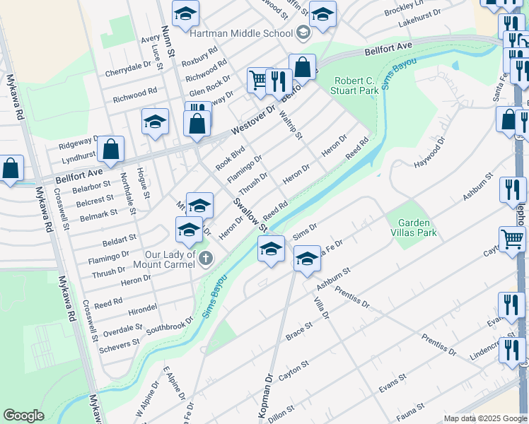 map of restaurants, bars, coffee shops, grocery stores, and more near 6910 Reed Road in Houston