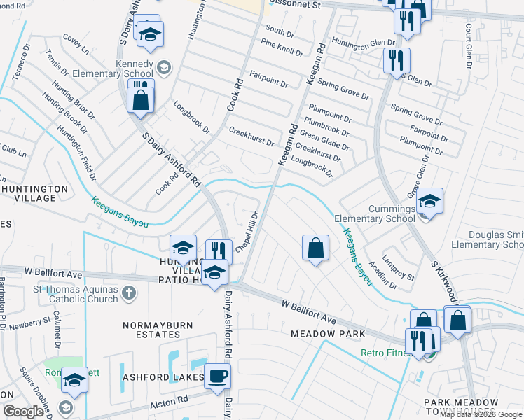 map of restaurants, bars, coffee shops, grocery stores, and more near 11214 Mulholland Drive in Stafford