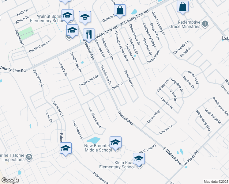 map of restaurants, bars, coffee shops, grocery stores, and more near 2133 Hazelwood Drive in New Braunfels