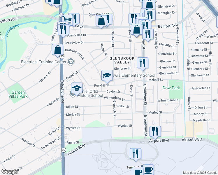 map of restaurants, bars, coffee shops, grocery stores, and more near 7630 Cayton Street in Houston