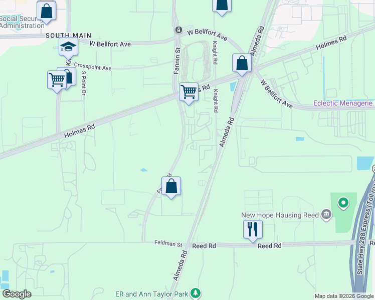map of restaurants, bars, coffee shops, grocery stores, and more near 9551 Fannin Street in Houston