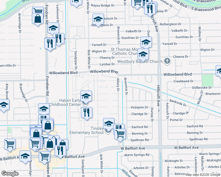 map of restaurants, bars, coffee shops, grocery stores, and more near 6110 Rollingbrook Drive in Houston