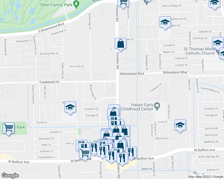 map of restaurants, bars, coffee shops, grocery stores, and more near 7602 Bankside Drive in Houston