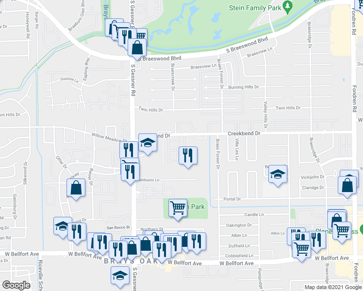 map of restaurants, bars, coffee shops, grocery stores, and more near 10853 Braes Bend Drive in Houston